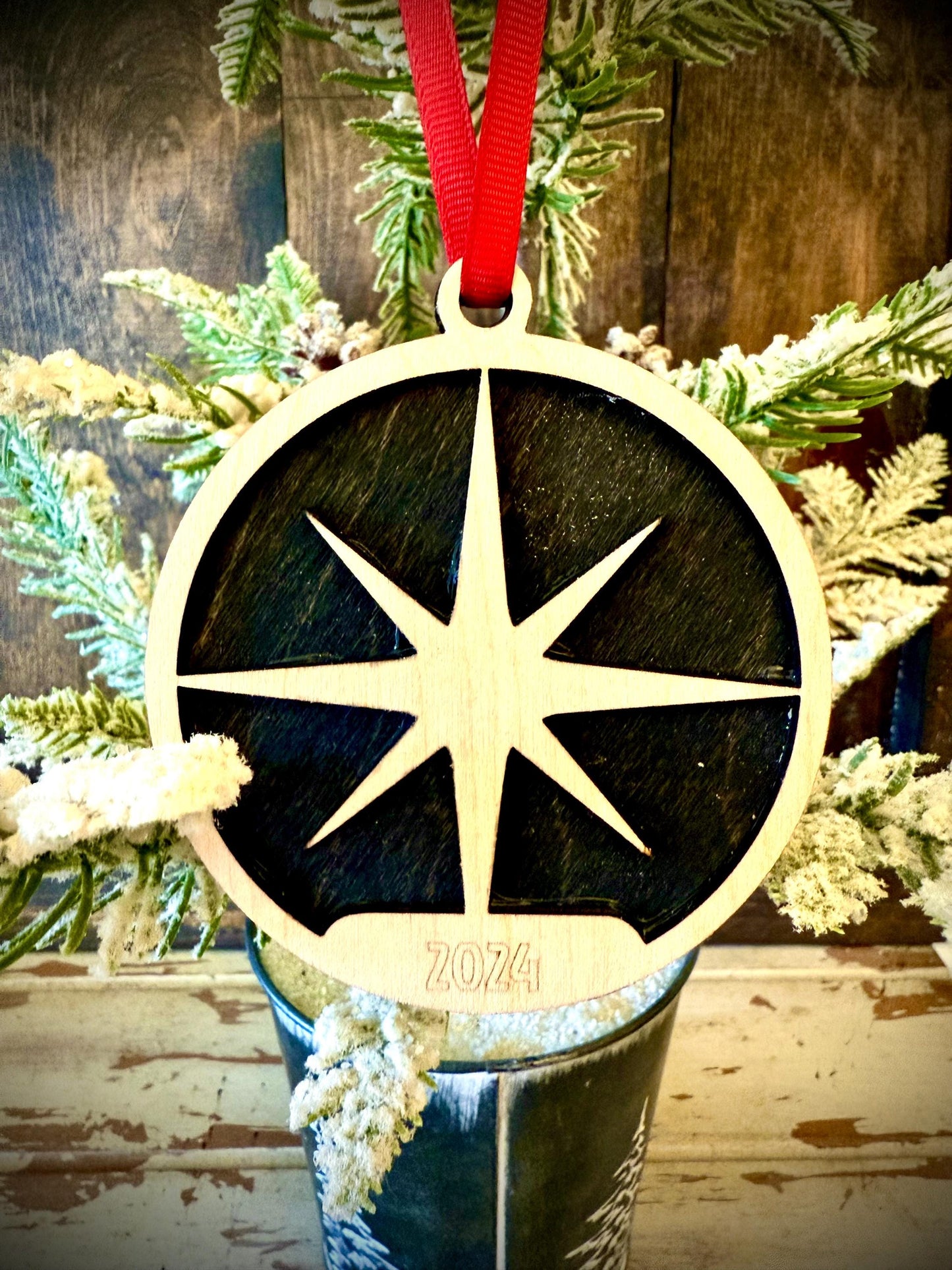 Mid Century Modern MCM Atomic Star Personalized 2-Layer Wood Christmas Ornament & Gift Tag | Multiple Finishes | Retro Gift