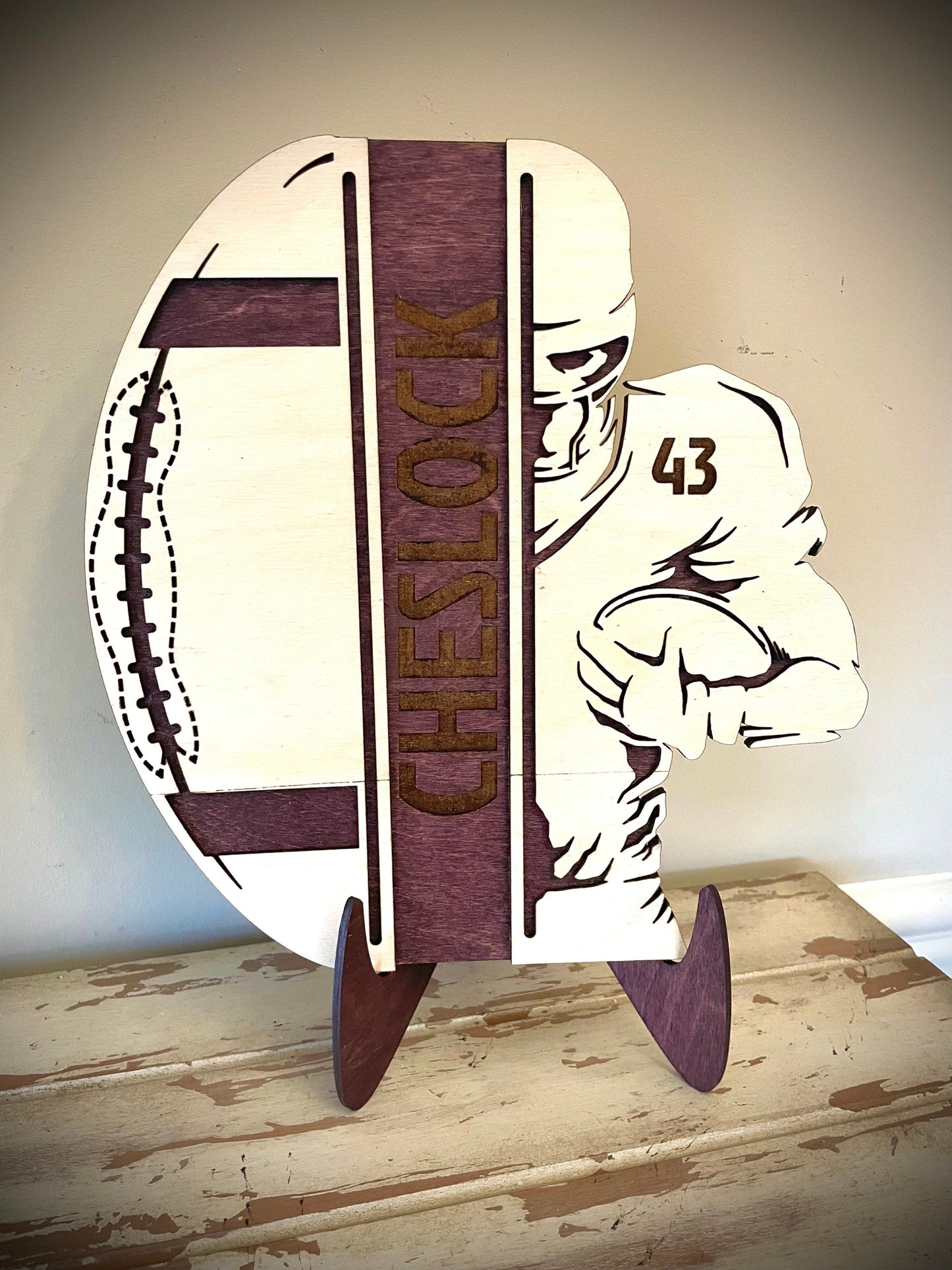 Custom Football Wood Plaque | Player Name & Number Engraved | Split Design