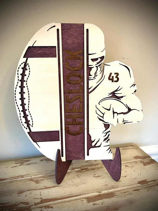 Custom Football Wood Plaque | Player Name & Number Engraved | Split Design