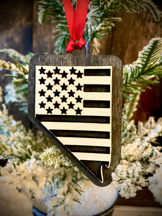 Nevada US Flag Wood Ornament & Gift Tag | 12 Finishes | Patriotic Gift