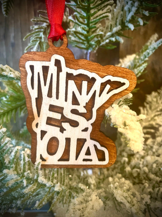 Minnesota Word Art Wood Ornament & Gift Tag | 12 Finishes | State Pride Gift