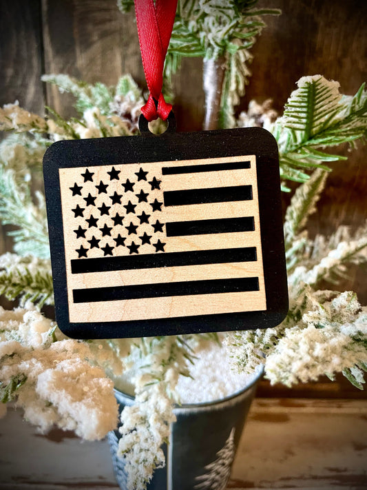 Wyoming US Flag Wood Ornament & Gift Tag | 12 Finishes | Patriotic Gift