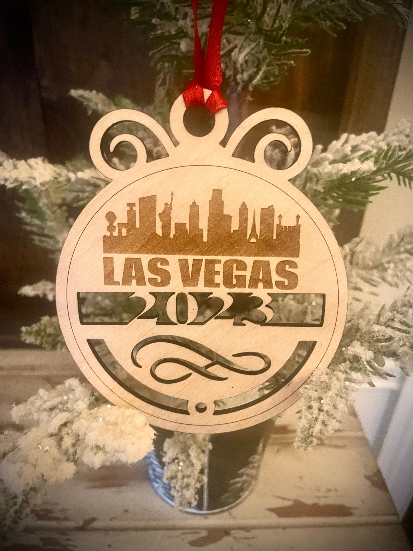 Las Vegas Skyline Wood Ornament | Choice of Year | 4" x 4.75" | Travel Souvenir Gift