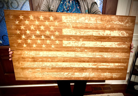 Giant Tattered Distressed American Flag Laser Engraved Wood Wall Art | 1/4" or 1/2" Wood