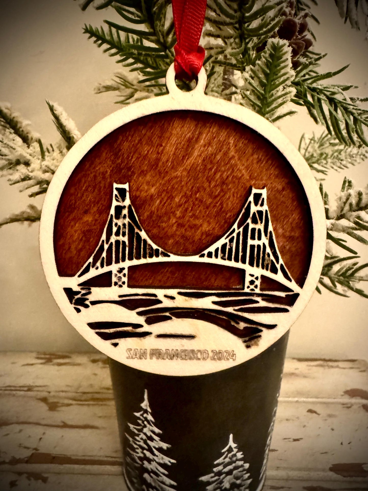 Golden Gate Bridge San Francisco Personalized 2-Layer Wood Christmas Ornament & Gift Tag | Multiple Finishes | Travel Gift