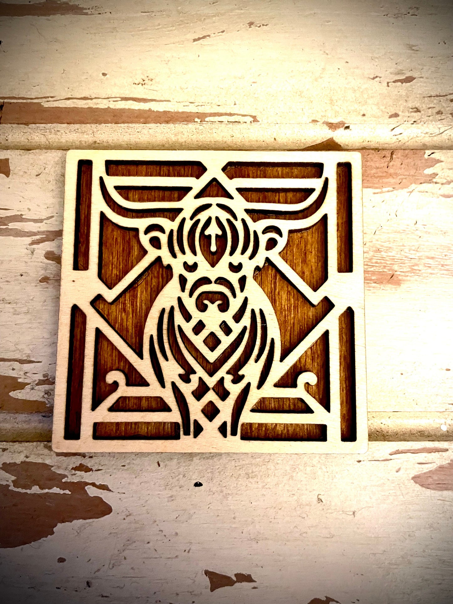 Boho Art Deco Scottish Highland Cow 2-Layer Square Wood Magnet | 12 Finishes | Boho Gift