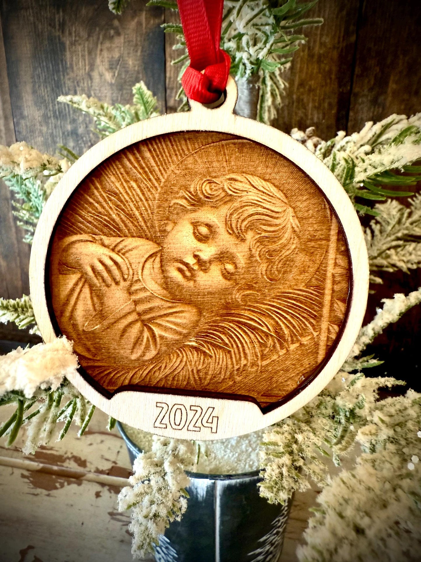 Baby Jesus in Manger 3D Relief Personalized 2-Layer Wood Christmas Ornament & Gift Tag | Religious Gift