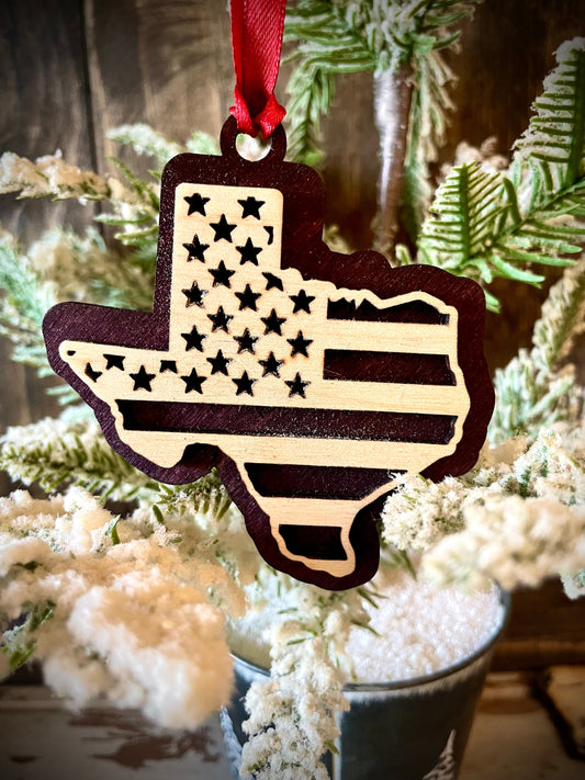Texas US Flag Wood Ornament & Gift Tag | 12 Finishes | Patriotic Gift