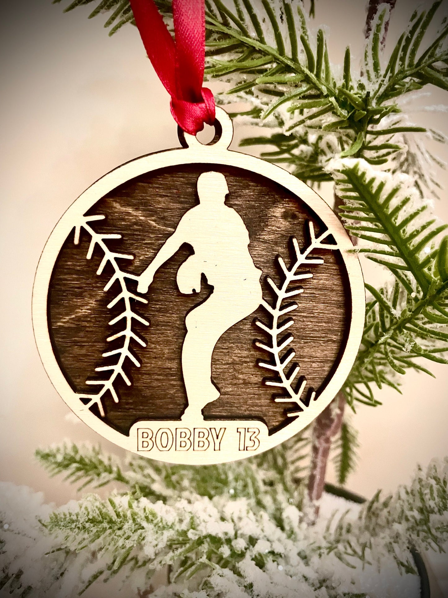 Baseball Player Personalized 2-Layer Wood Christmas Ornament & Gift Tag | Multiple Finishes | Baseball Gift (#2)