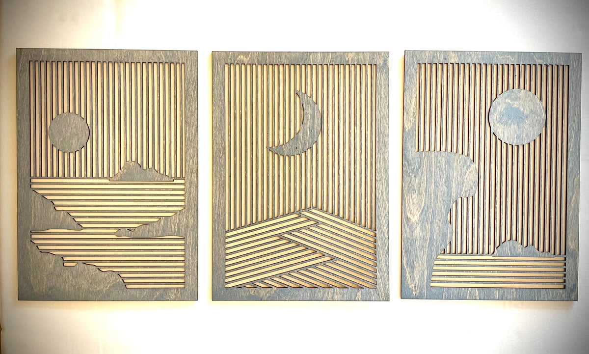 Boho Modern Landscape Sun & Moon wood wall art 3-panel set — wide view
