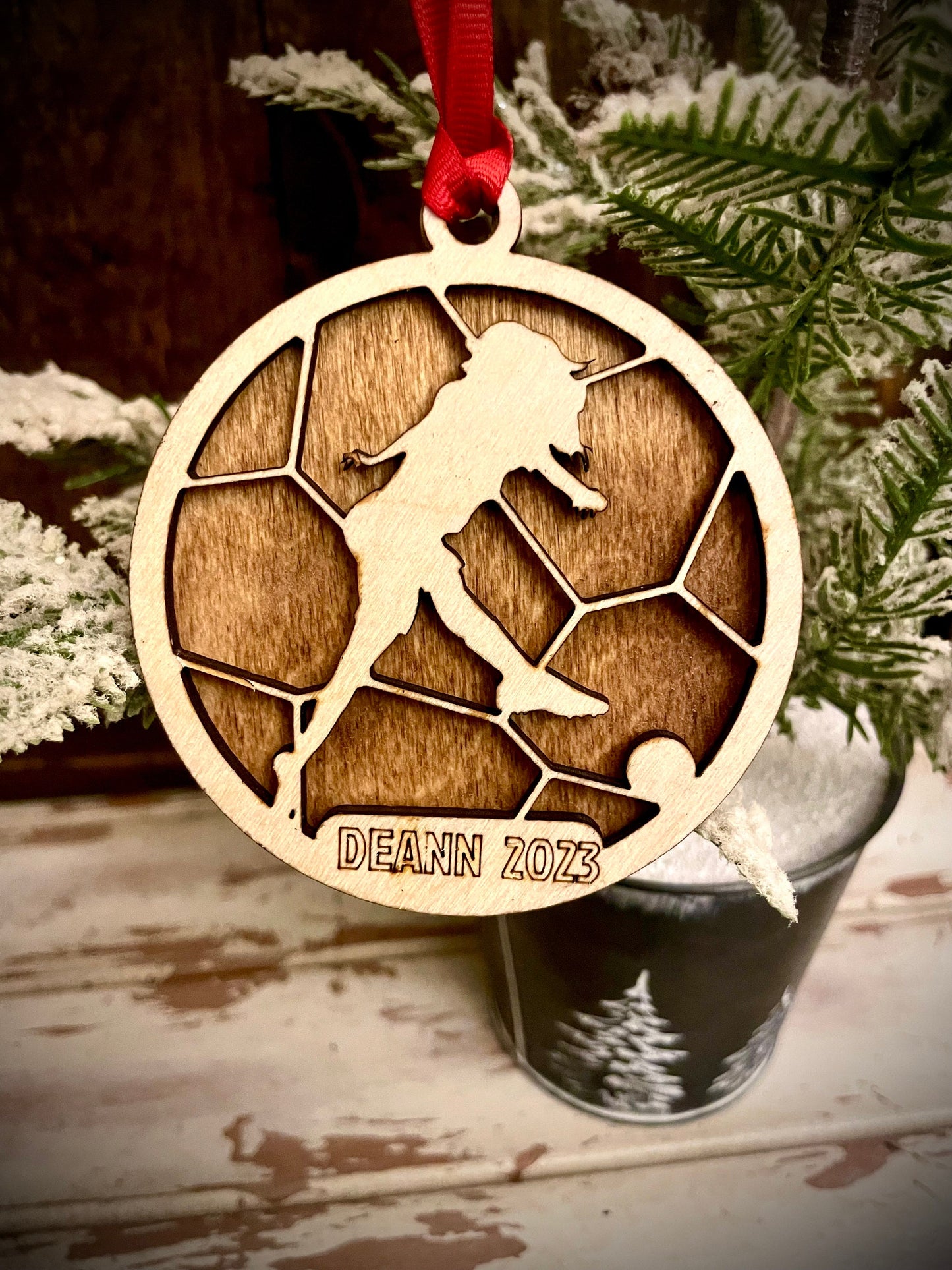 Female Soccer Player Personalized 2-Layer Wood Christmas Ornament & Gift Tag | Multiple Finishes | Soccer Gift (#4)