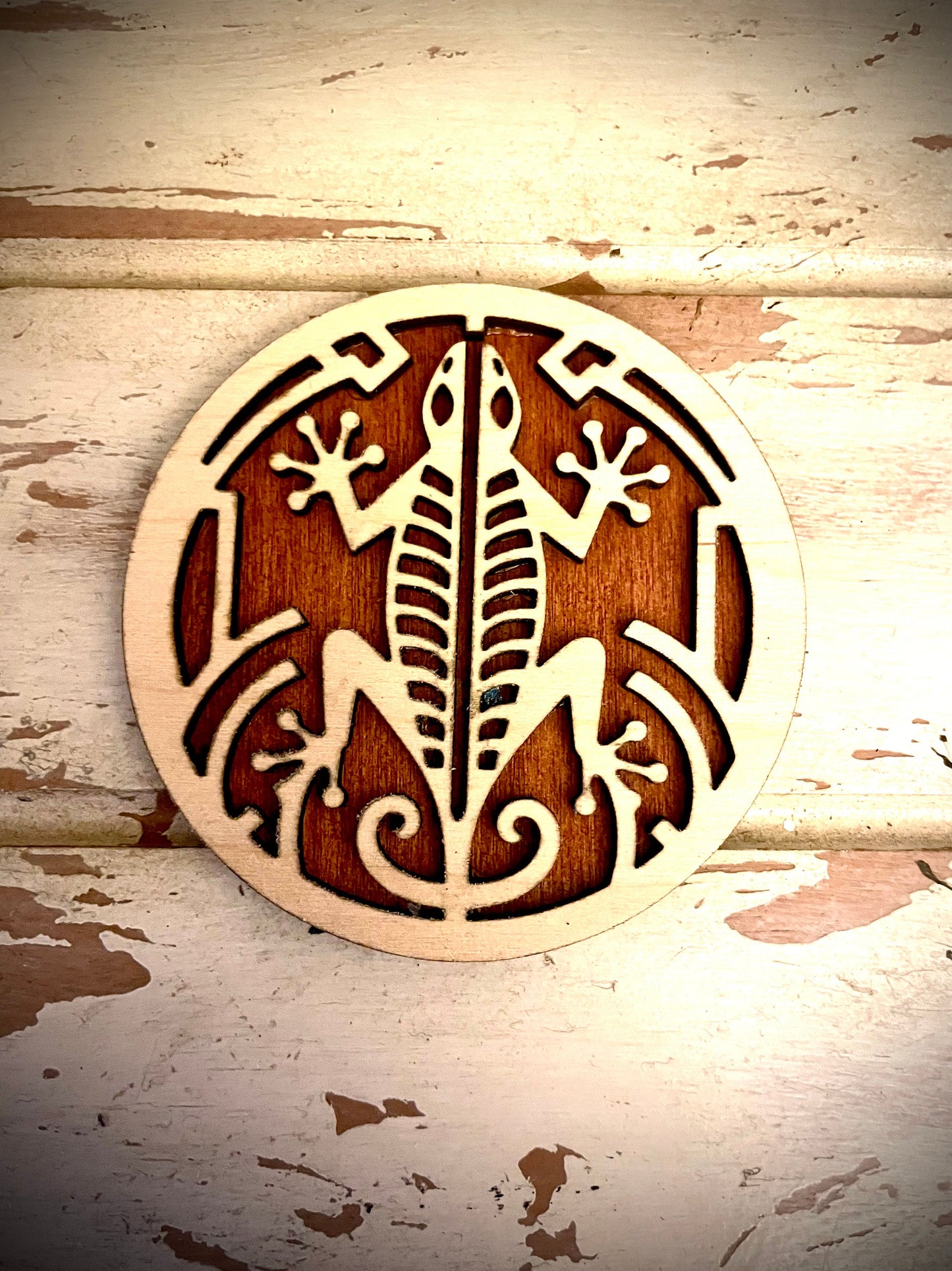 Boho Art Deco Gecko 2-Layer Round Wood Refrigerator Magnet | 12 Finishes | Boho Gift
