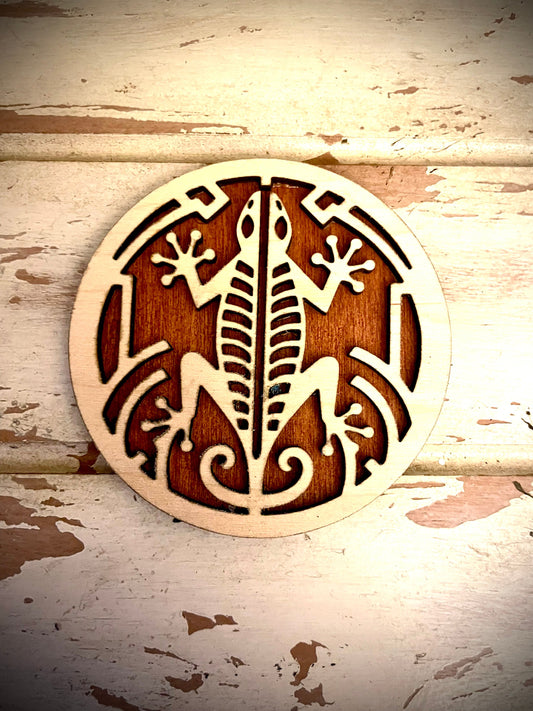 Boho Art Deco Gecko 2-Layer Round Wood Refrigerator Magnet | 12 Finishes | Boho Gift