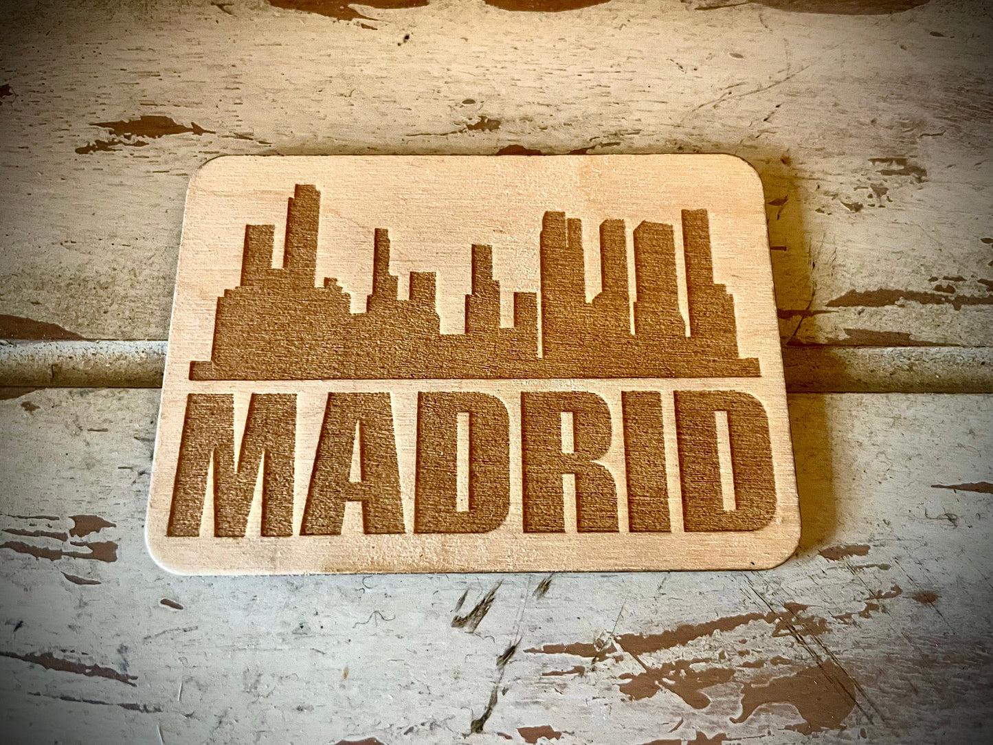 Madrid Skyline Wood Magnet | City Souvenir | 3.5" x 2.5"