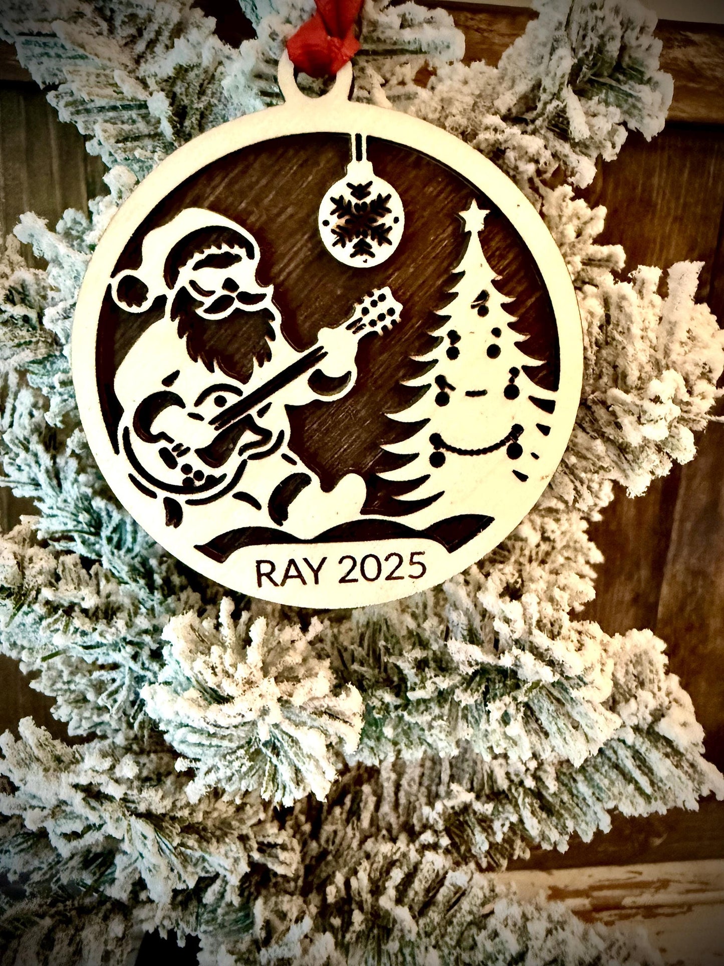 Santa Guitar Player Personalized 2-Layer Wood Christmas Ornament & Gift Tag | Multiple Finishes | Music Gift