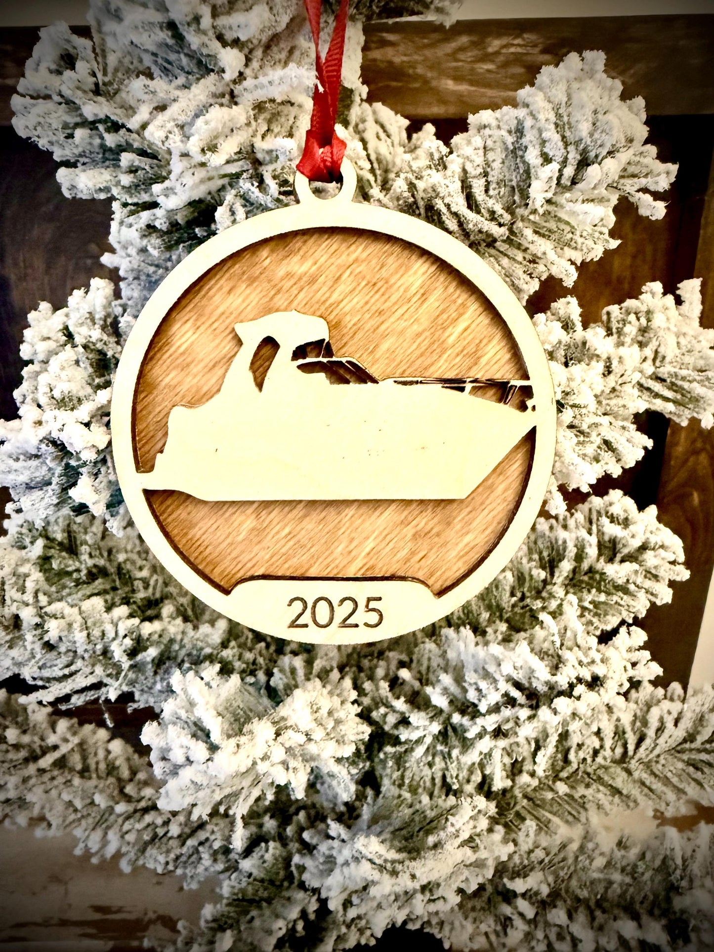 Cabin Cruiser Boat Personalized 2-Layer Wood Christmas Ornament & Gift Tag | Multiple Finishes | Boating Gift
