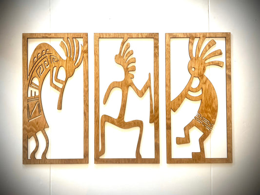 Kokopelli Native American Dancing Horn wood wall art 3-panel set, front view in Golden Oak finish