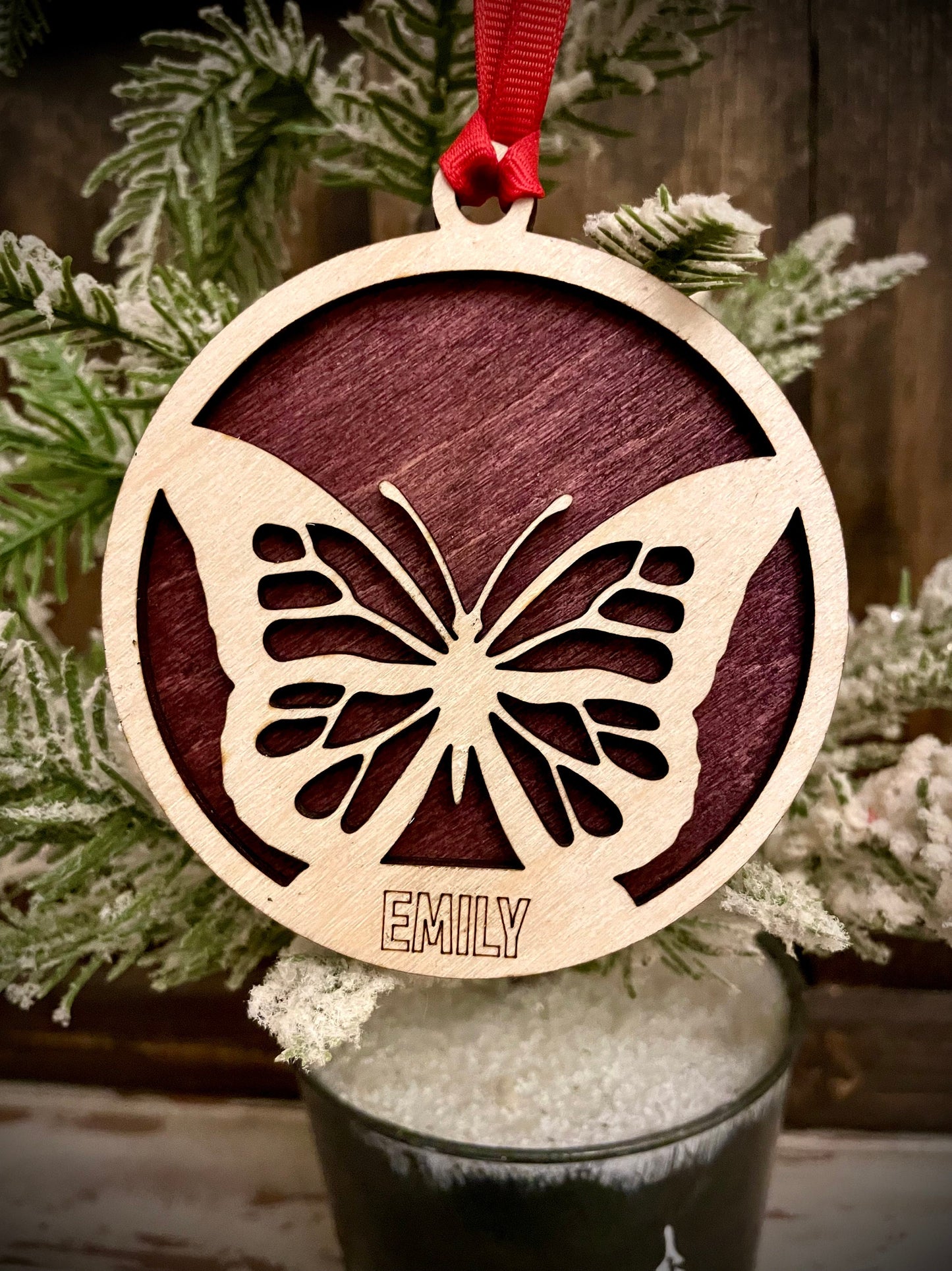 Butterfly Personalized 2-Layer Wood Christmas Ornament & Gift Tag | Multiple Finishes | Nature Gift