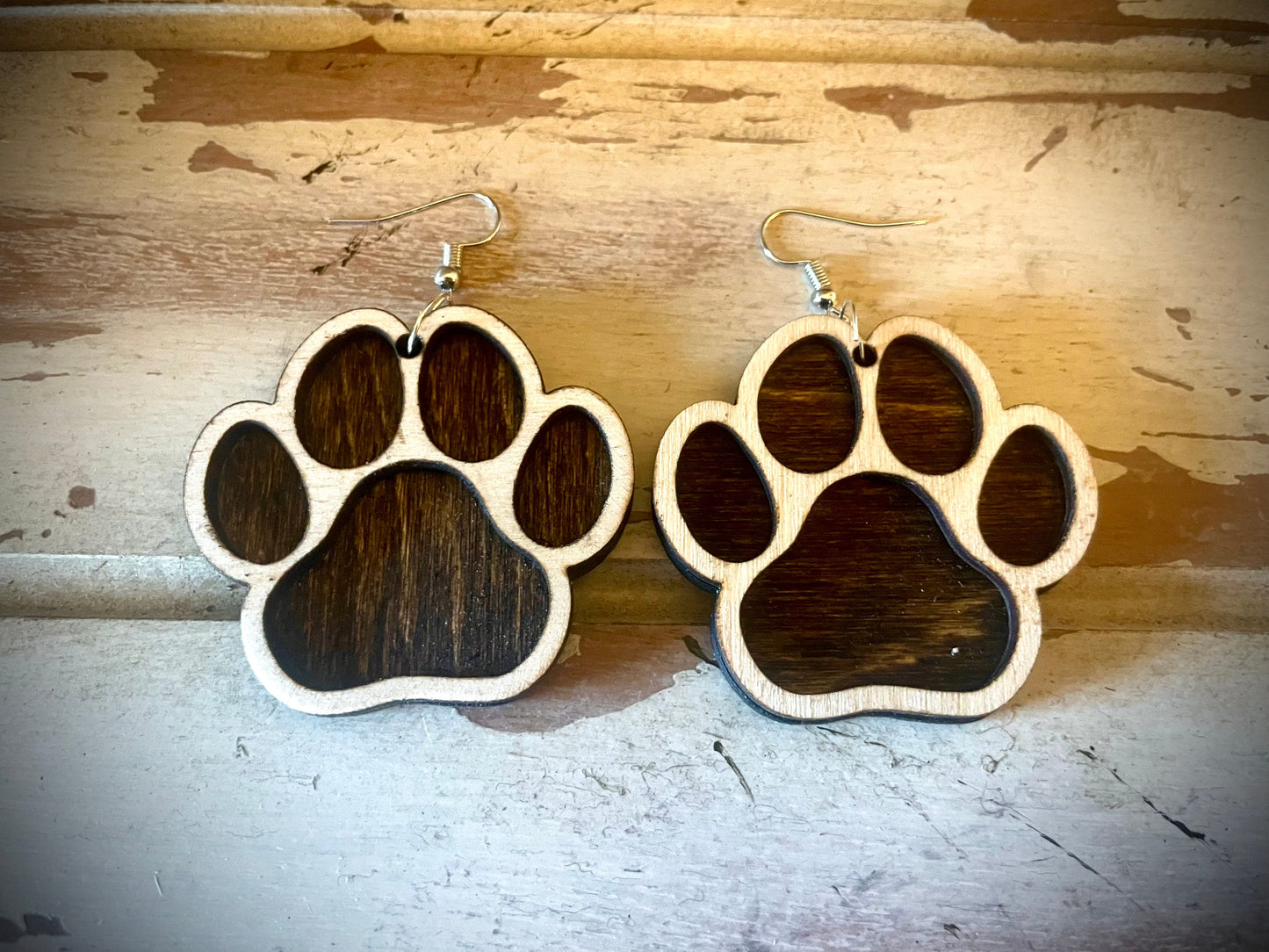 Dog Paw Wood Dangle Earrings | Single or Double Layer | 3 Sizes, 12 Finishes