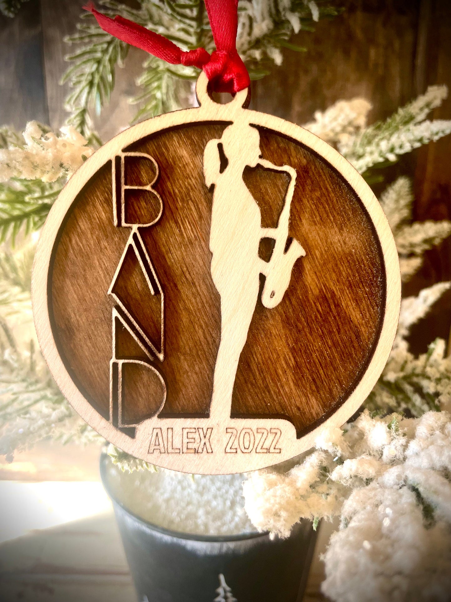 Marching Band Female Saxophone Player Personalized 2-Layer Wood Christmas Ornament & Gift Tag | Multiple Finishes | Music Gift (#11)