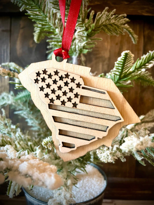 South Carolina US Flag Wood Ornament & Gift Tag | 12 Finishes | Patriotic Gift