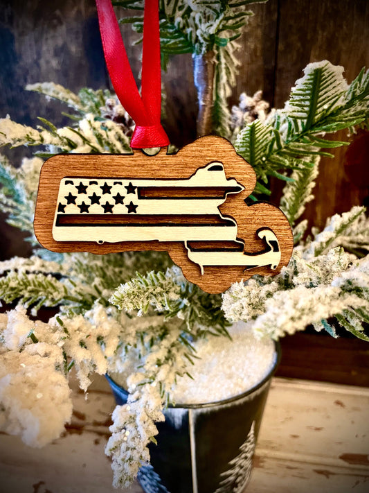Massachusetts US Flag Wood Ornament & Gift Tag | 12 Finishes | Patriotic Gift