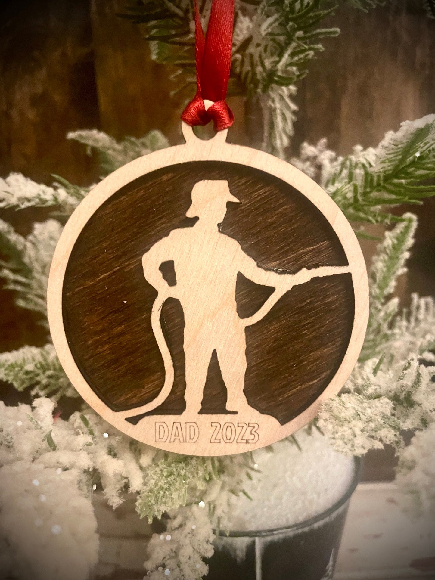 Firefighter with Hose Personalized 2-Layer Wood Christmas Ornament & Gift Tag | Multiple Finishes | Firefighter Gift (#1)
