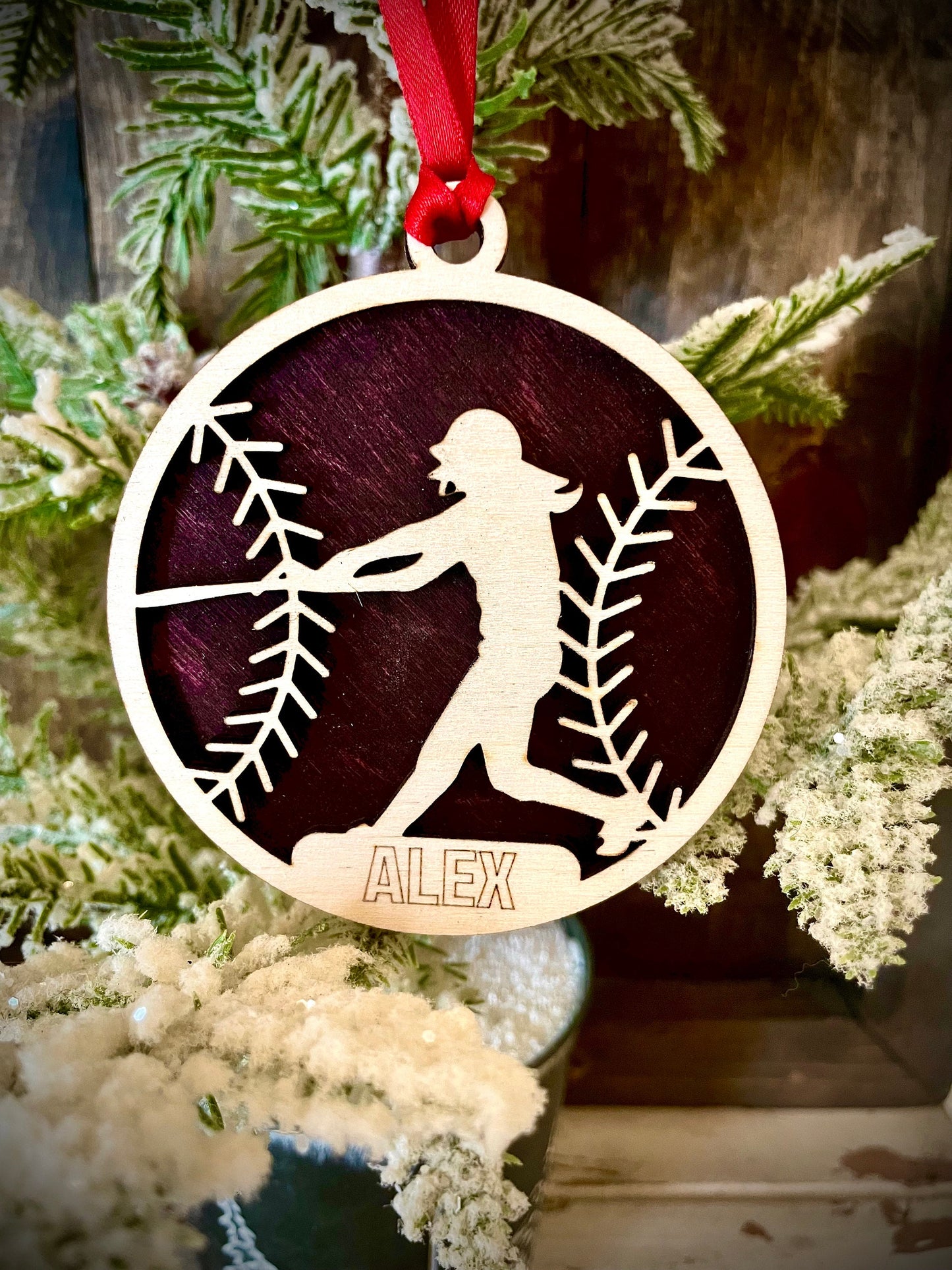 Softball Player Personalized 2-Layer Wood Christmas Ornament & Gift Tag | Multiple Finishes | Softball Gift (#4)
