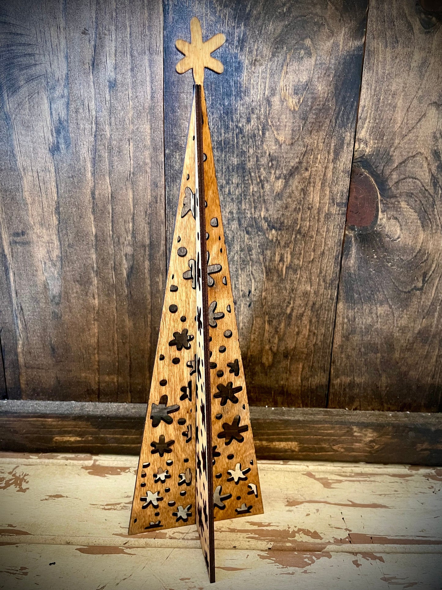 3D Snowflake Pine Tree Wood Tabletop Decor | 3 Sizes, 14 Finishes