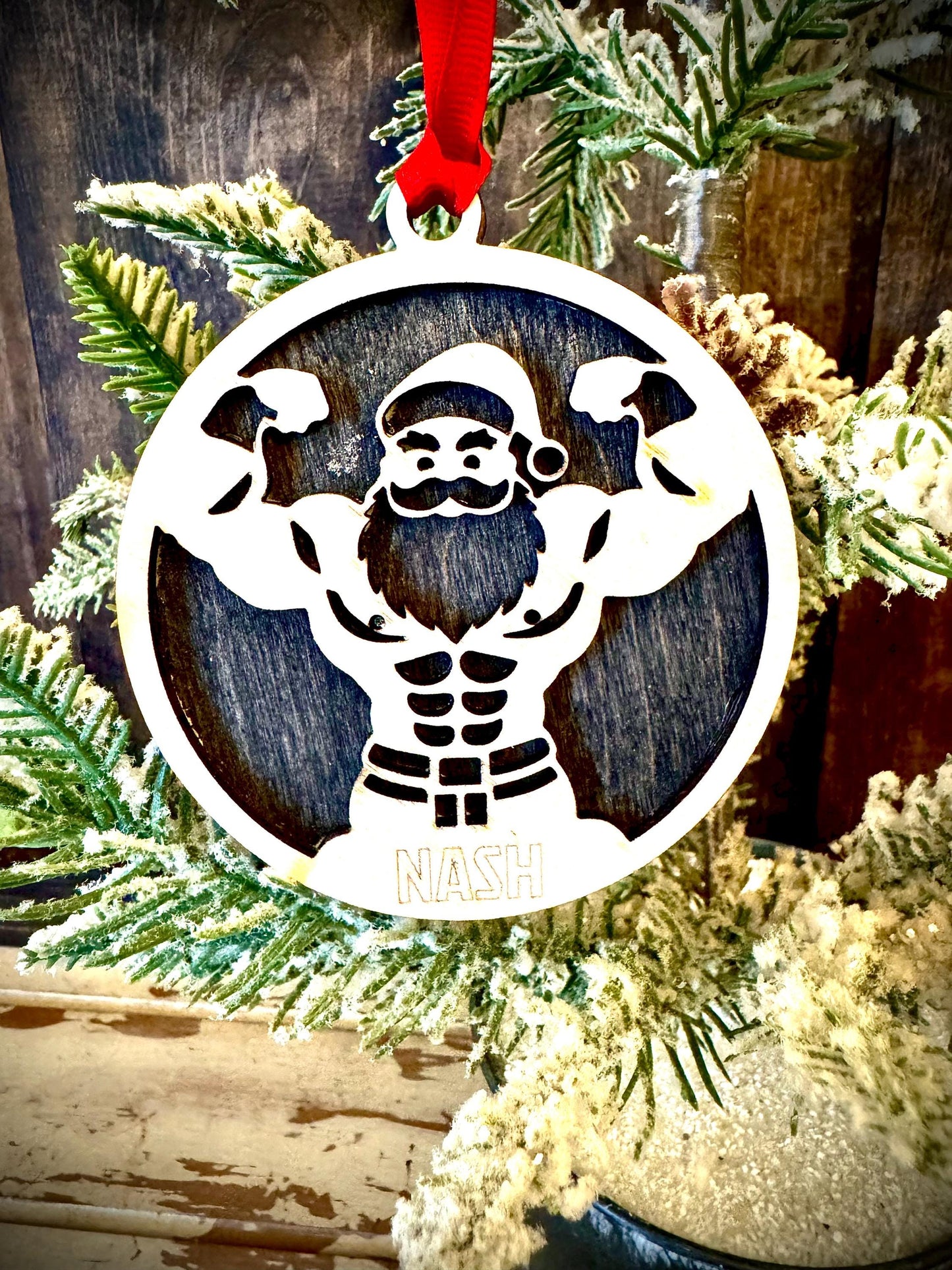 Santa Bodybuilder Personalized 2-Layer Wood Christmas Ornament & Gift Tag | Multiple Finishes | Bodybuilding Gift