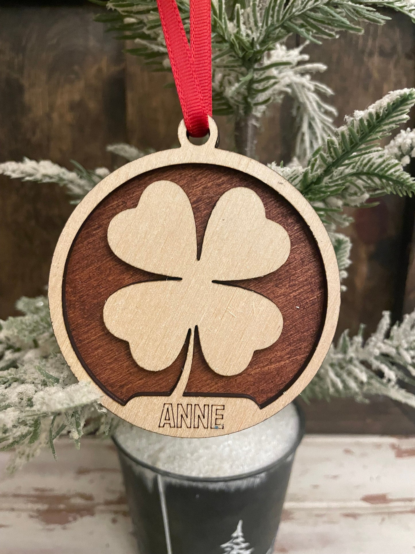 4 leaf clover 2-layer personalized laser cut wood Christmas ornament, gift tag available unfinished or stained
