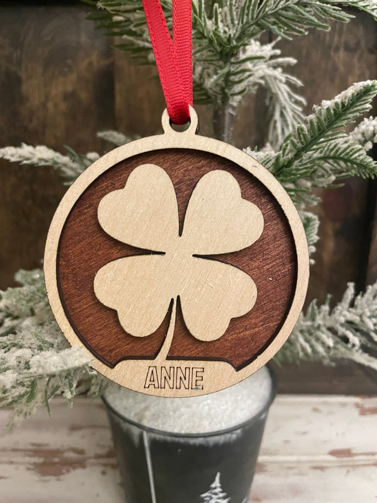 4 leaf clover 2-layer personalized laser cut wood Christmas ornament, gift tag available unfinished or stained