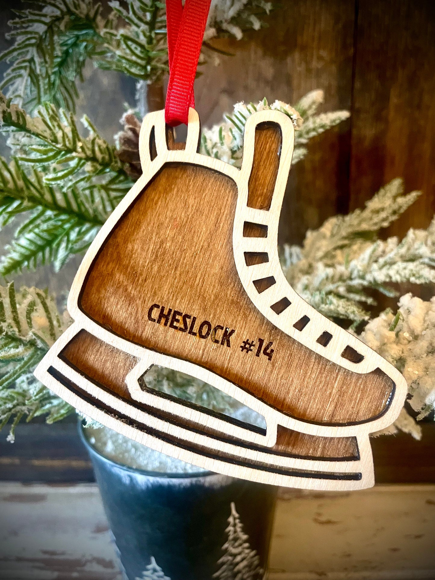 Hockey Skate Personalized 2-Layer Wood Christmas Ornament & Gift Tag | Multiple Finishes | Hockey Gift