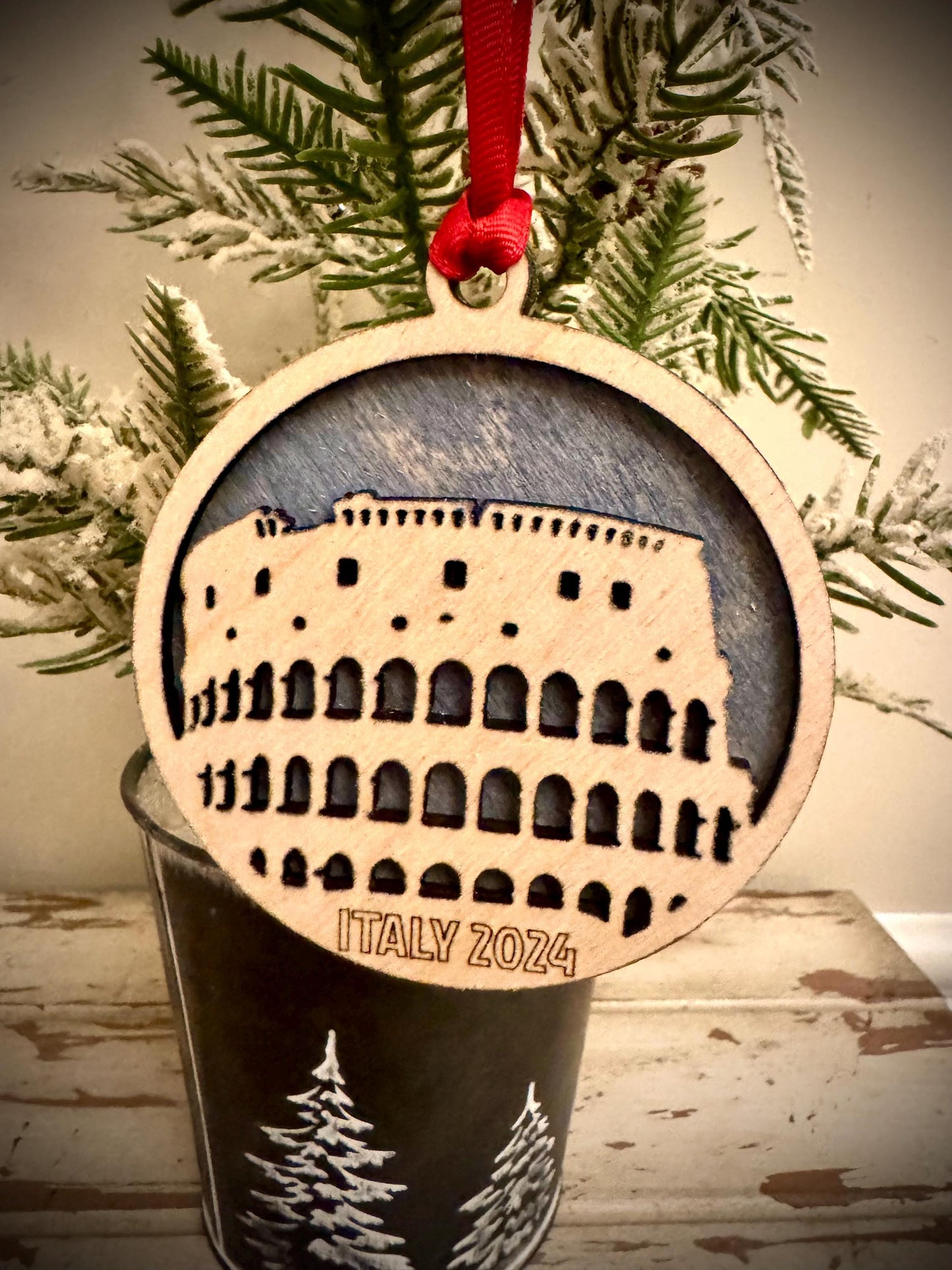 Roman Colosseum Personalized 2-Layer Wood Christmas Ornament & Gift Tag | Multiple Finishes | Travel Gift
