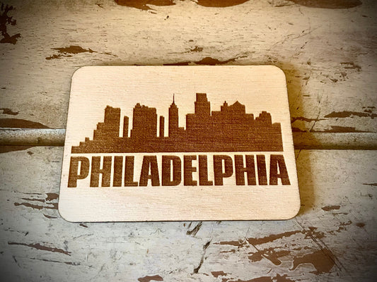 Philadelphia Skyline Wood Magnet | City Souvenir | 3.5" x 2.5"