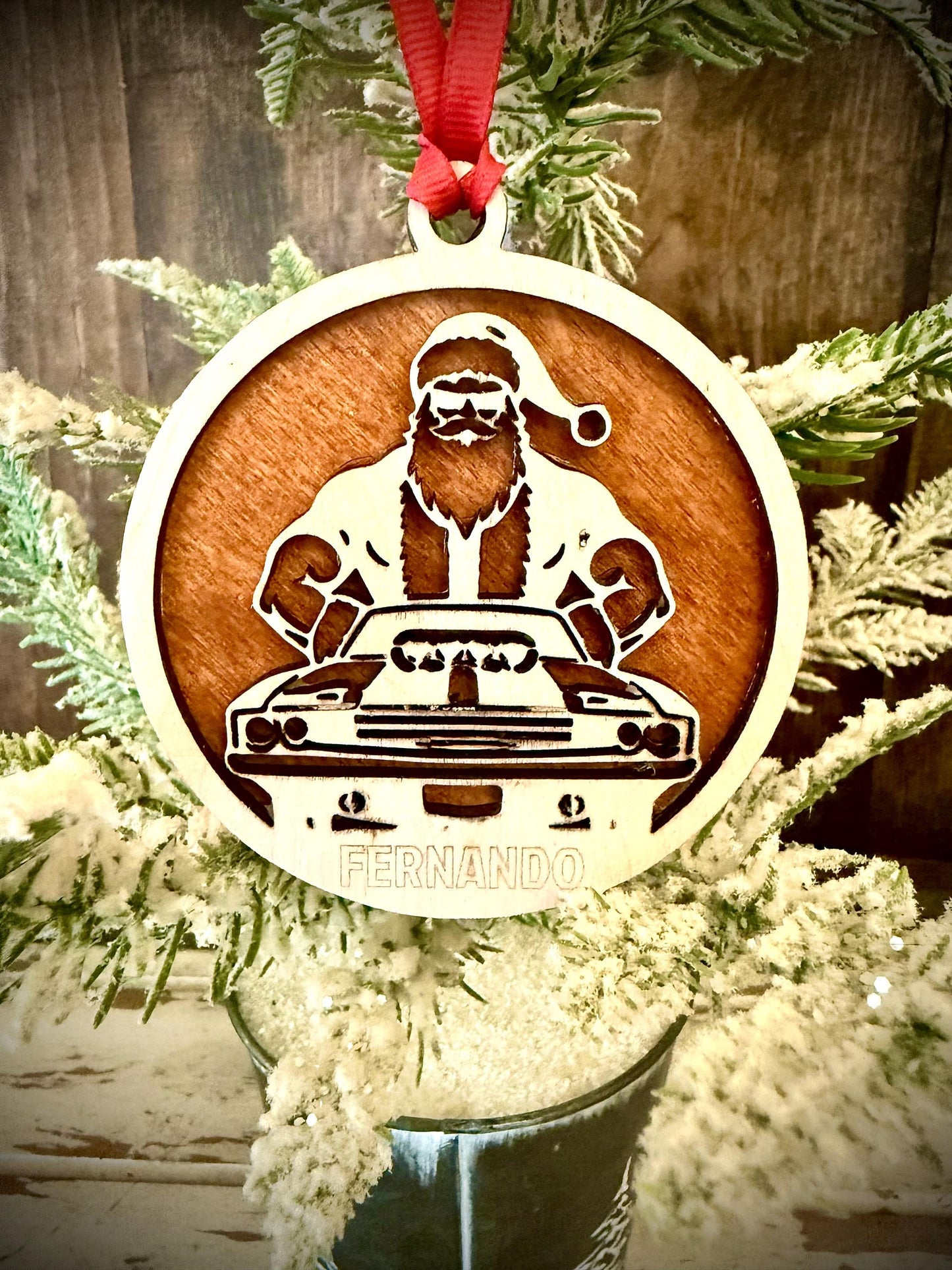 Santa with Muscle Car Personalized 2-Layer Wood Christmas Ornament & Gift Tag | Multiple Finishes | Car Lover Gift