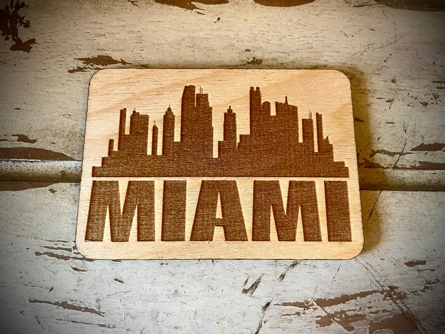 Miami Skyline Wood Magnet | City Souvenir | 3.5" x 2.5"