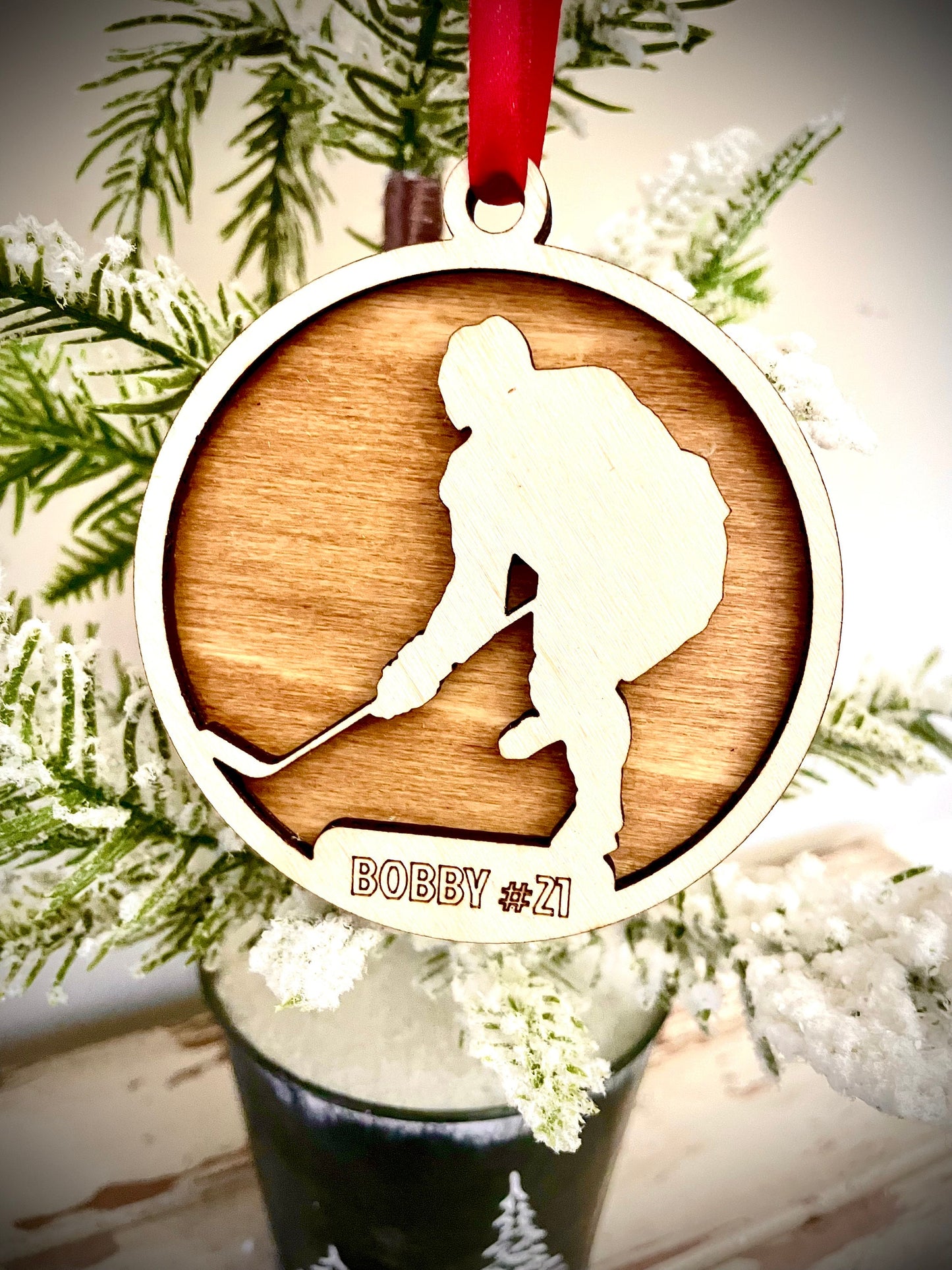 Hockey Player Skater Personalized 2-Layer Wood Christmas Ornament & Gift Tag | Multiple Finishes | Hockey Gift (#9)