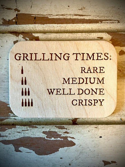 "Grilling Times: 1 Beer Rare, 4 Beers Crispy" Funny BBQ Wood Fridge Magnet | Funny Gift