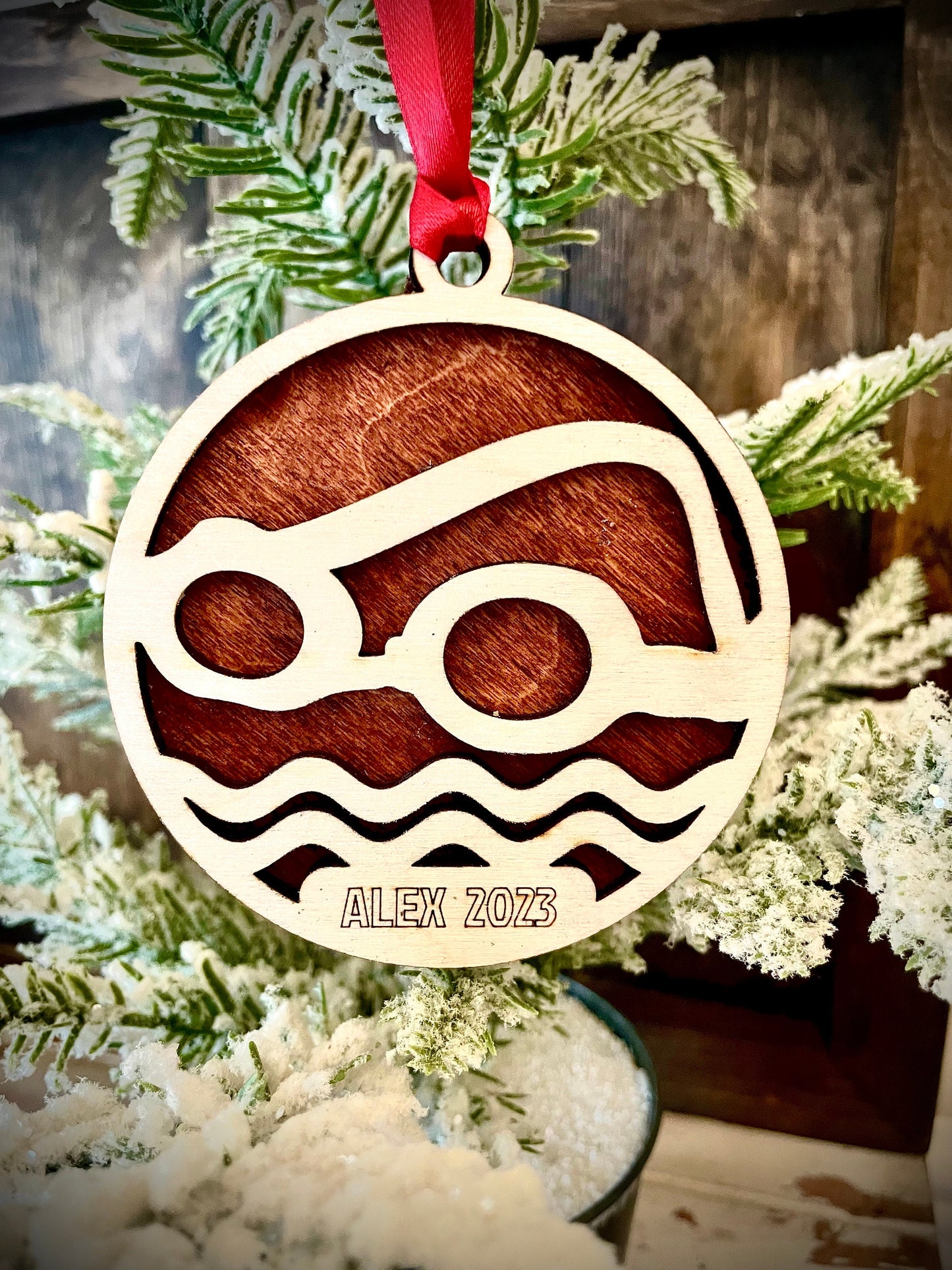 Swimmer Personalized 2-Layer Wood Christmas Ornament & Gift Tag | Multiple Finishes | Swimming Gift (#5)