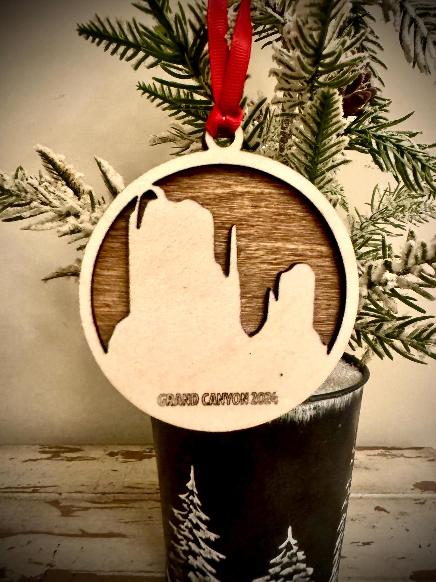 Grand Canyon scene with rock formations 2-layer personalized laser cut wood Christmas ornament, gift tag available in 12 finishes.