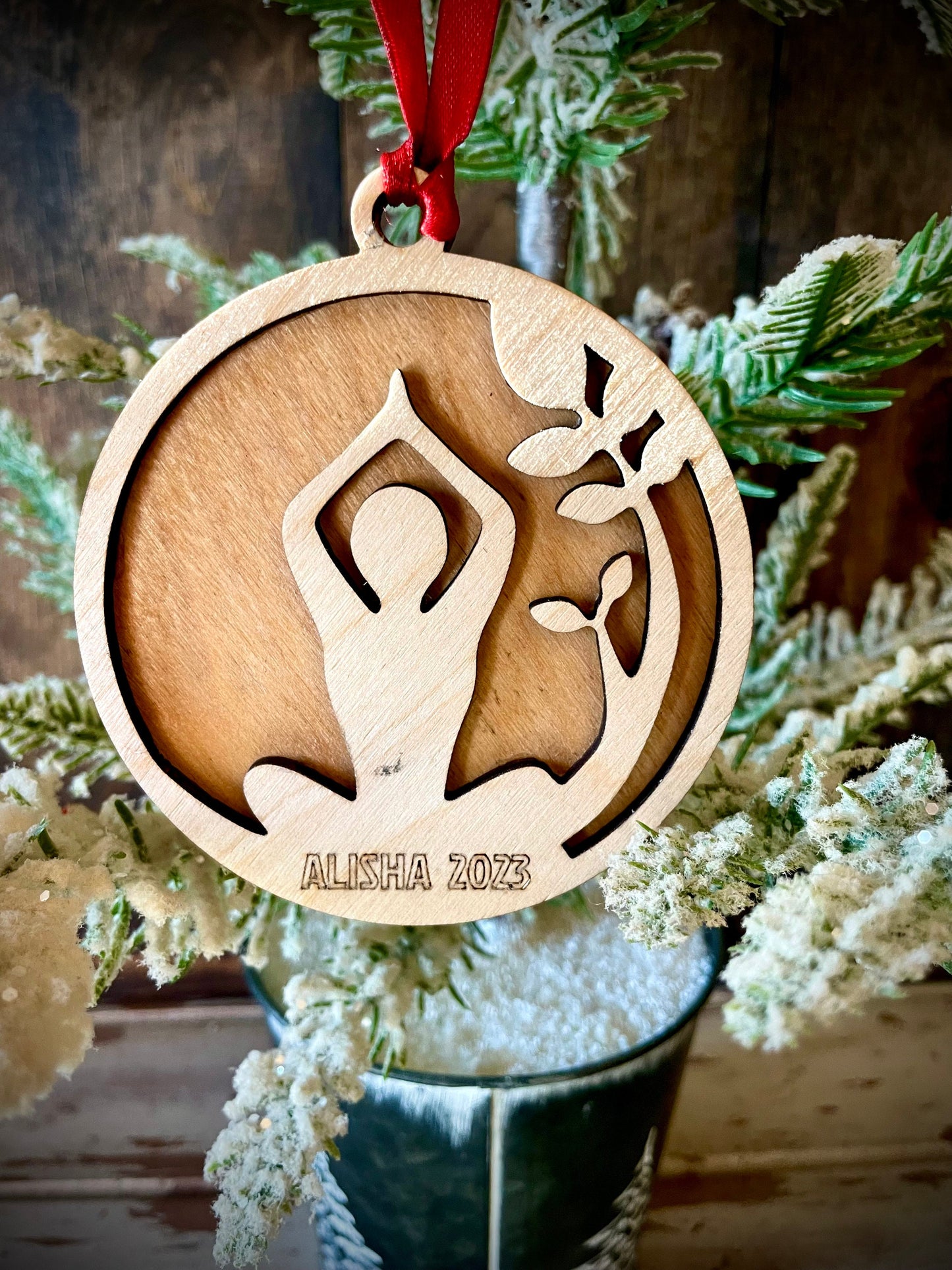 Yoga 2-layer personalized laser cut wood Christmas ornament, gift tag available unfinished or stained version 1 of 2