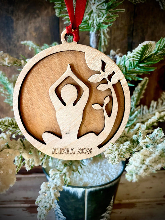 Yoga 2-layer personalized laser cut wood Christmas ornament, gift tag available unfinished or stained version 1 of 2