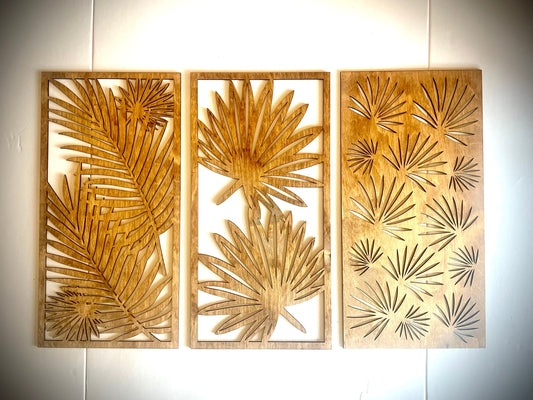 Tropical Leaf Variety Wood Wall Art | 3-Panel Set | Multiple Finishes | Set C