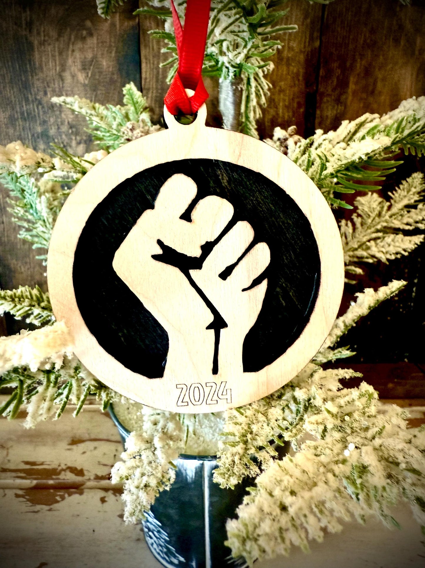 Black Pride Fist Symbol Personalized 2-Layer Wood Christmas Ornament & Gift Tag | Multiple Finishes | Pride Gift