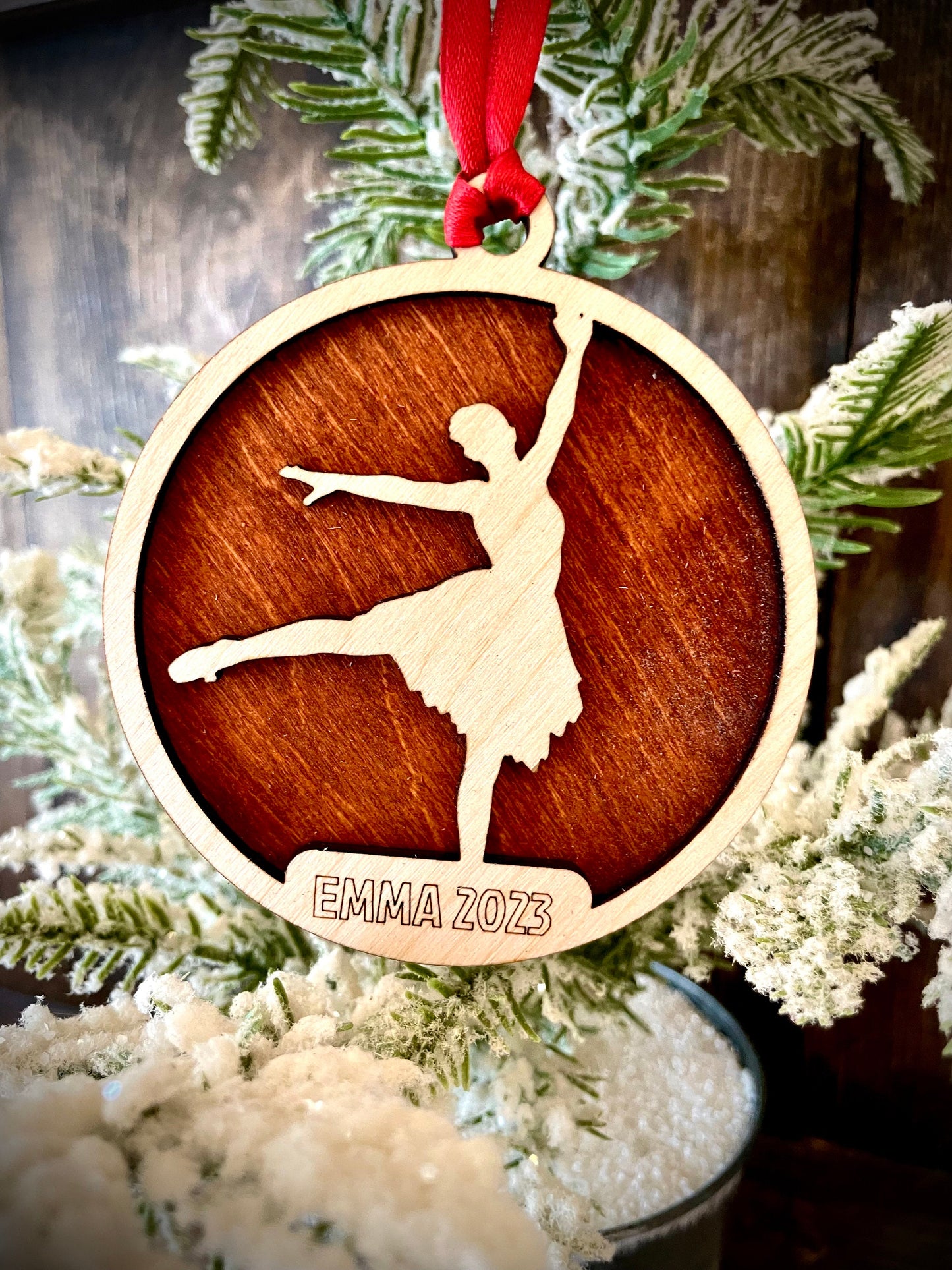 Ballet / Dance 2-layer personalized laser cut wood Christmas ornament, gift tag available unfinished or stained (version 7 of 15)