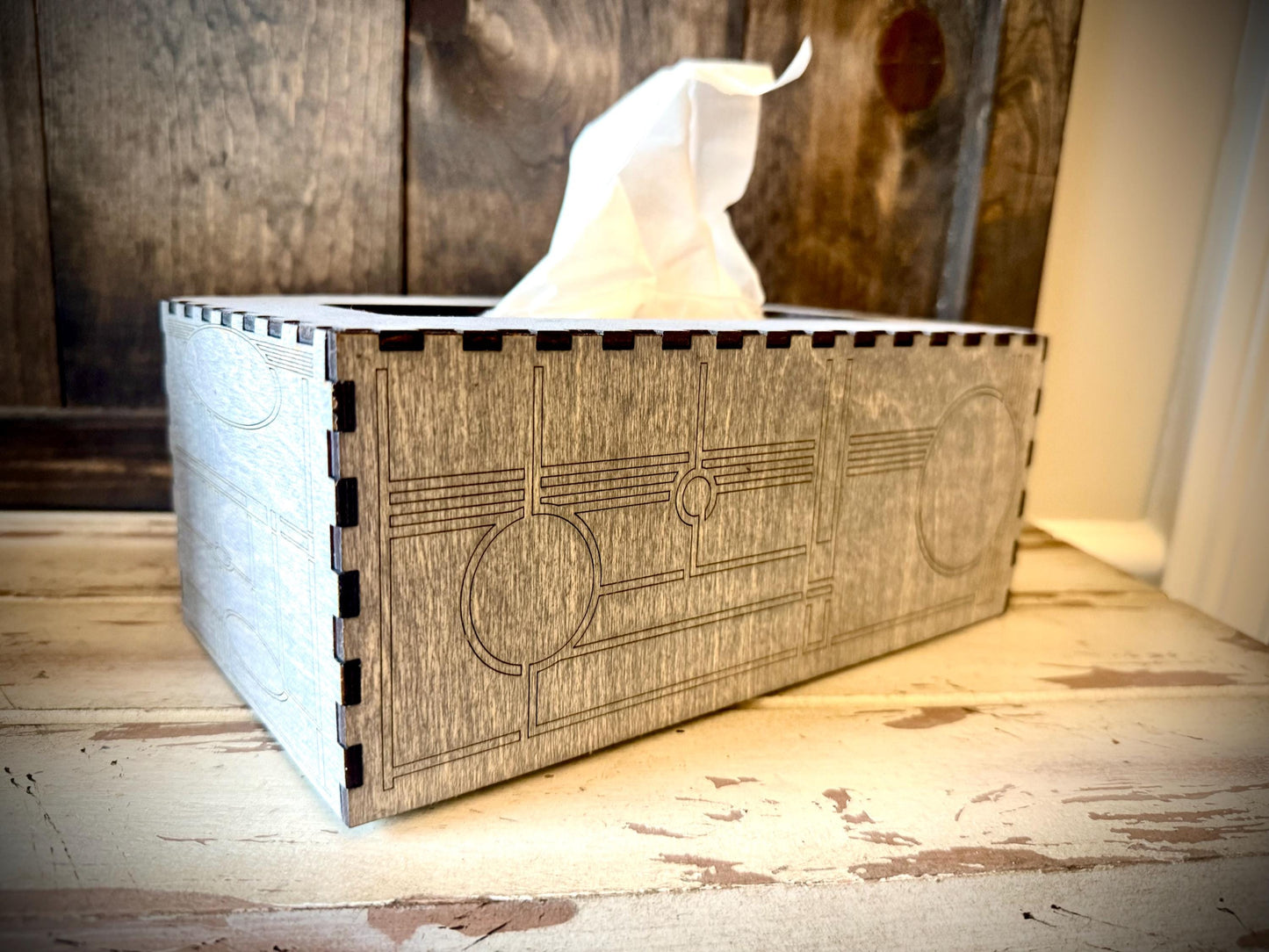 Art deco tissue box cover available in square, oblong, or Costco oblong configurations available in 12 finishes set E
