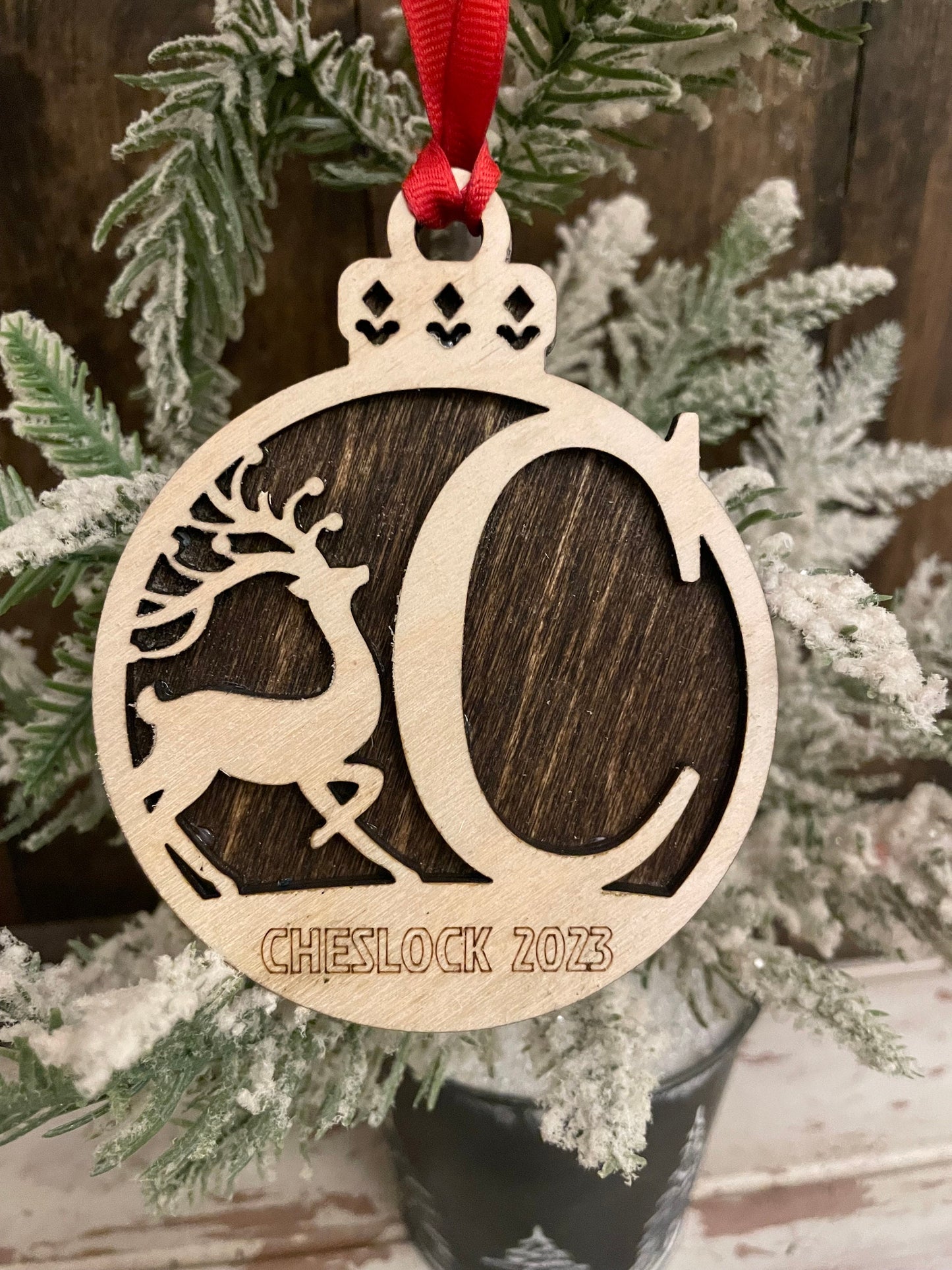 Reindeer Monogram Personalized 2-Layer Wood Christmas Ornament & Gift Tag | Multiple Finishes | Holiday Gift