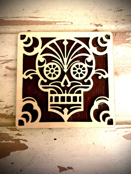 Boho Art Deco Sugar Skull 2-Layer Square Wood Magnet | 12 Finishes | Day of the Dead Gift