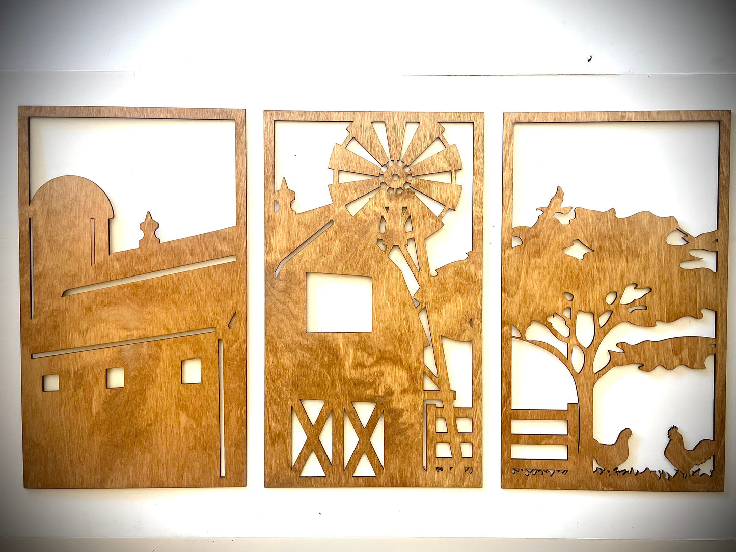 Farm Scene Wood Wall Art | Rooster & Chicken | 3-Panel Set | Multiple Sizes & Finishes